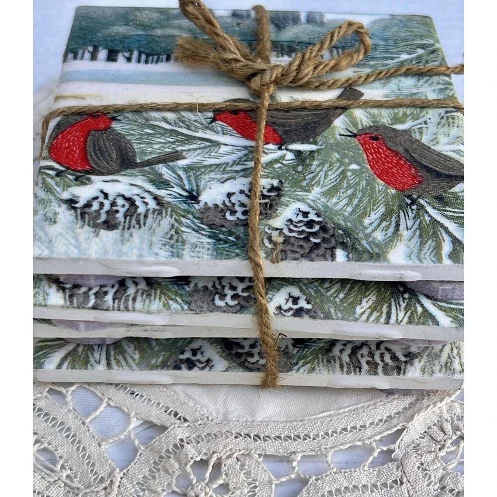 Handmade  Red Robin Coasters Set of 4 Ceramic Tile Coasters Cottagecore